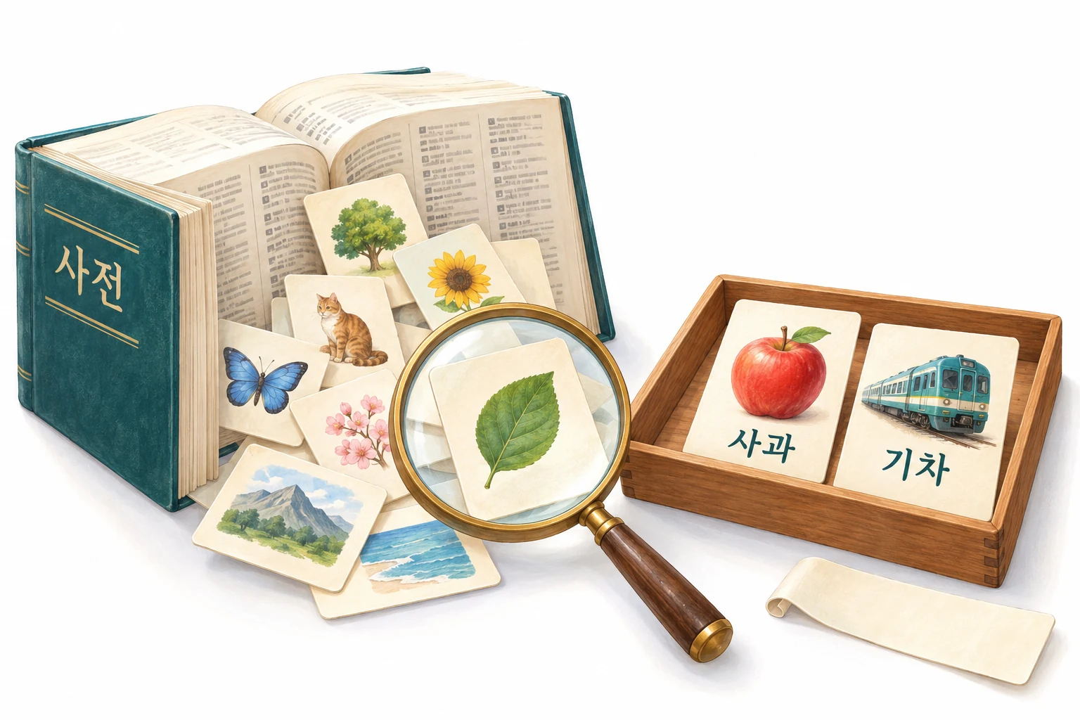 사전과 돋보기, 사과·기차 낱말 카드를 담은 상자로 끝말잇기에 쓸 말을 고르는 과정을 보여 주는 그림.