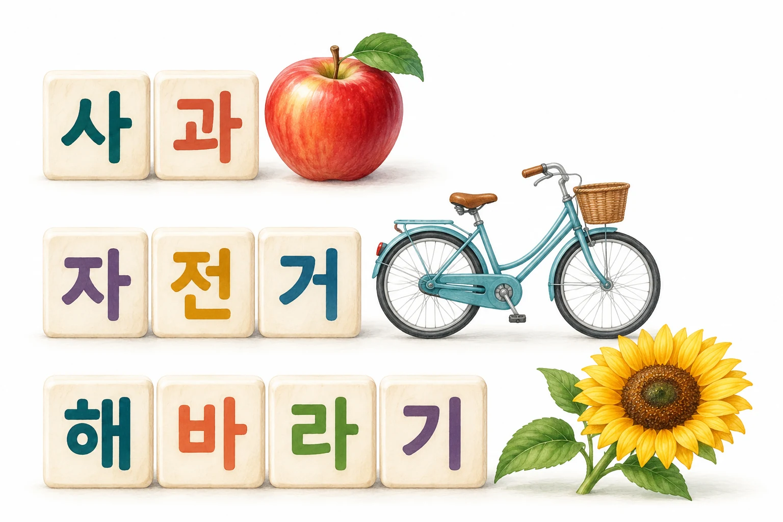 사과 두 칸, 자전거 세 칸, 해바라기 네 칸으로 단어의 글자 수를 비교하는 그림.