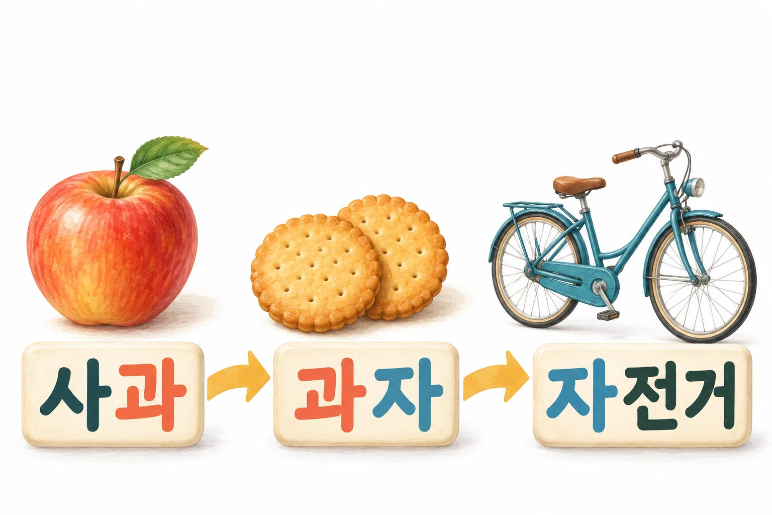 사과에서 과자, 과자에서 자전거로 이어지며 앞말의 끝 글자와 뒷말의 첫 글자를 같은 색으로 표시한 그림.