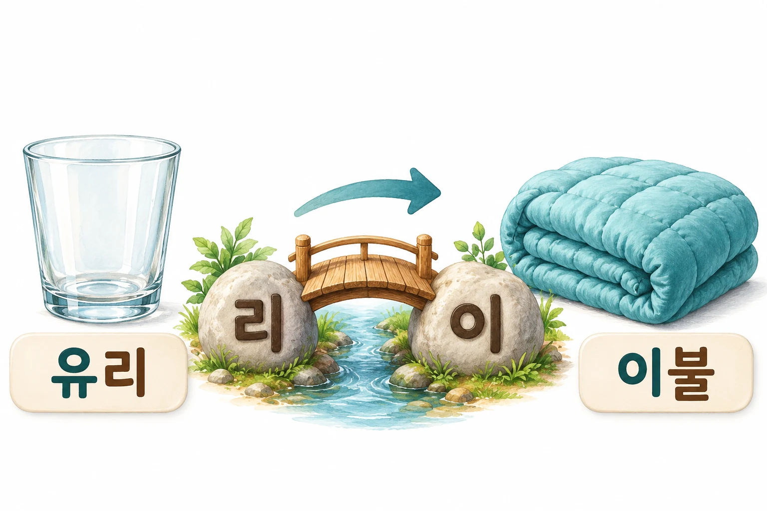 유리의 끝 글자 리에서 이로 바꾸는 다리를 건너 이불로 이어지는 그림.