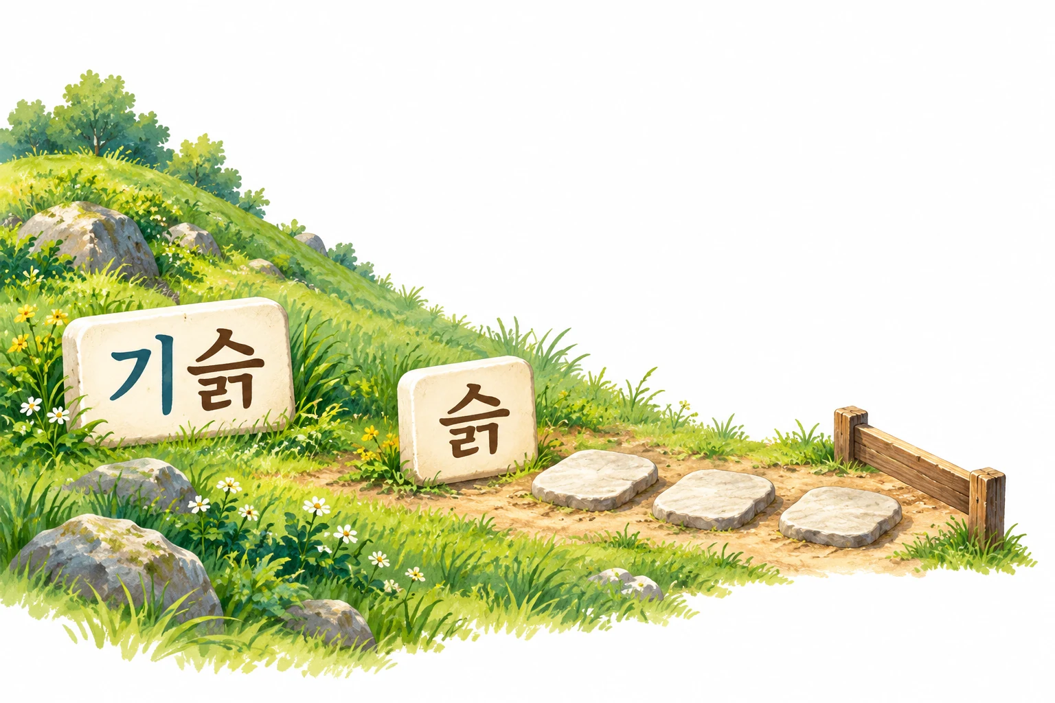 기슭 낱말에서 슭 글자로 이어진 길이 막혀, 다음에 이을 말이 없는 모습을 표현한 그림.
