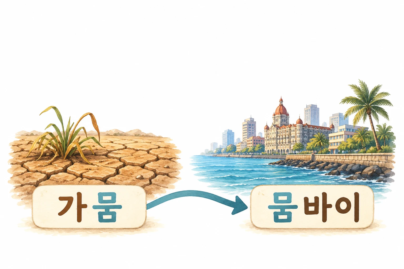 메마른 땅의 가뭄 낱말에서 도시 뭄바이 낱말로 한 갈래 길이 이어지는 그림.