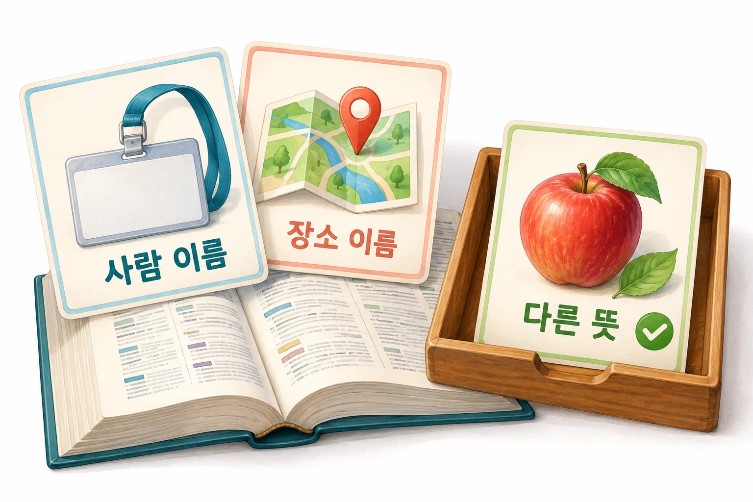 사람 이름과 장소 이름으로 표시된 뜻은 빼고, 다른 뜻이 남은 카드는 상자에 보관하는 그림.