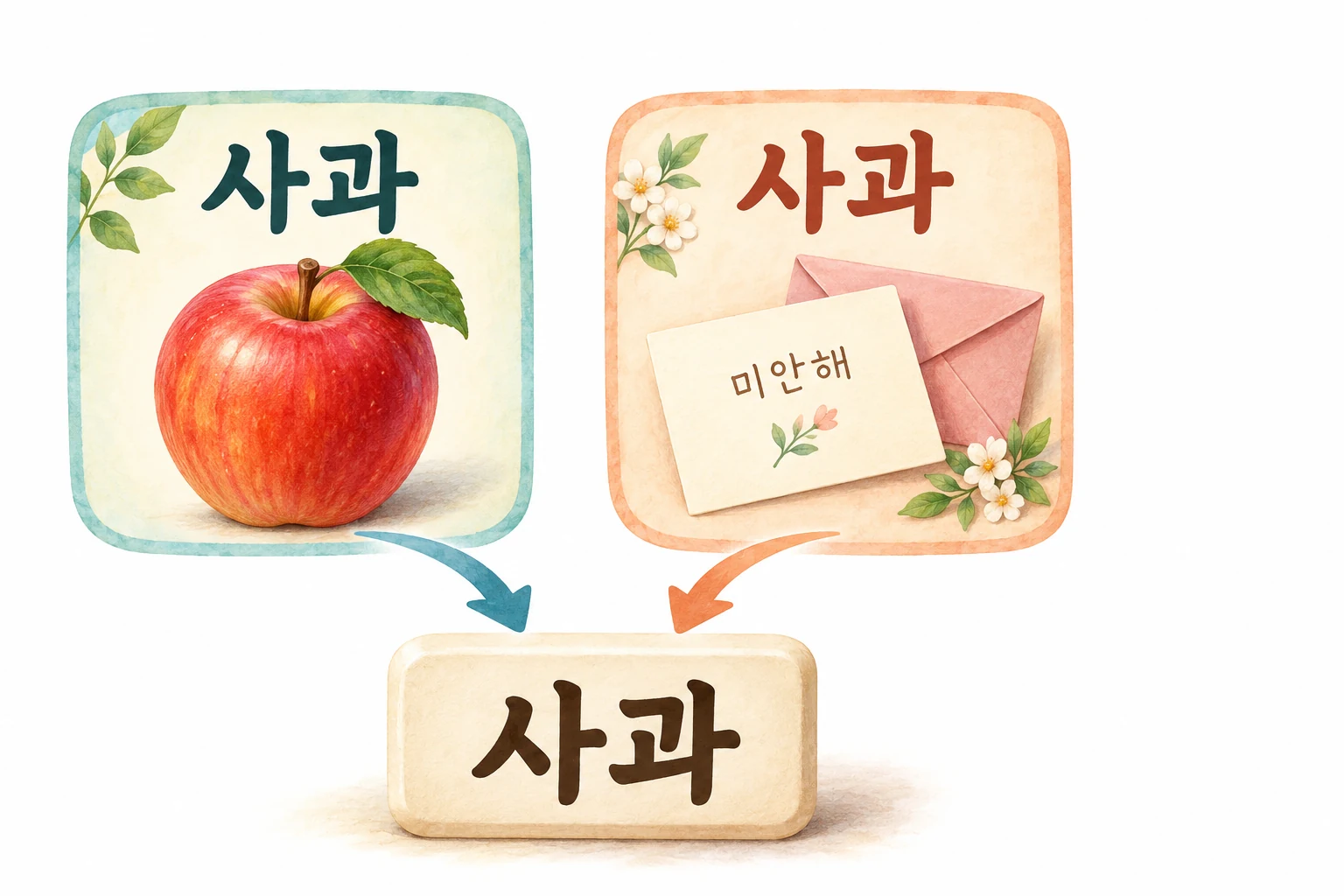 과일 사과와 미안함을 전하는 사과가 같은 글자의 게임 카드 하나로 모이는 그림.