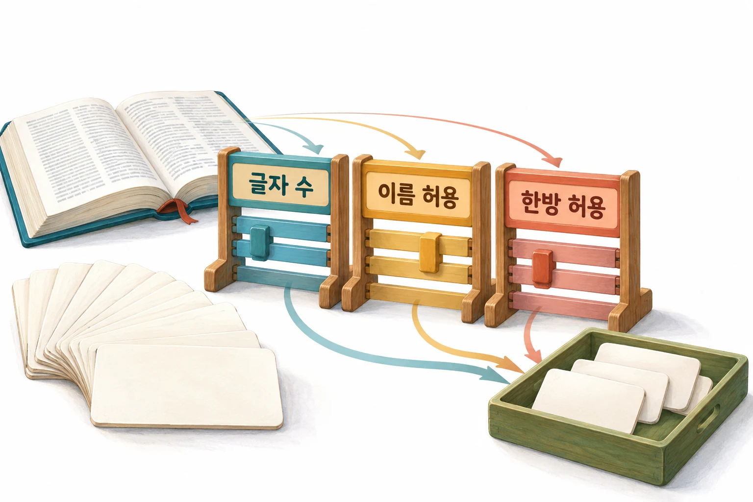 글자 수, 이름 허용, 한방 허용을 각각 조절해 사용할 낱말 카드를 고르는 그림.