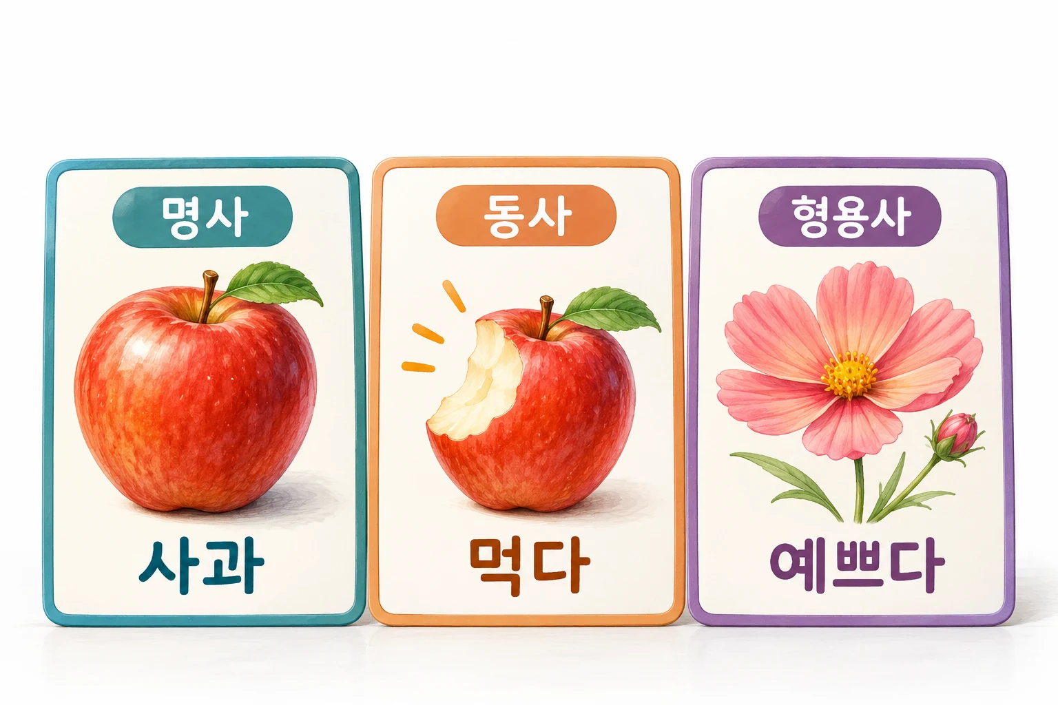 명사의 사과, 동사의 먹다, 형용사의 예쁘다를 사과·한 입 먹은 사과·꽃으로 나타낸 세 카드.
