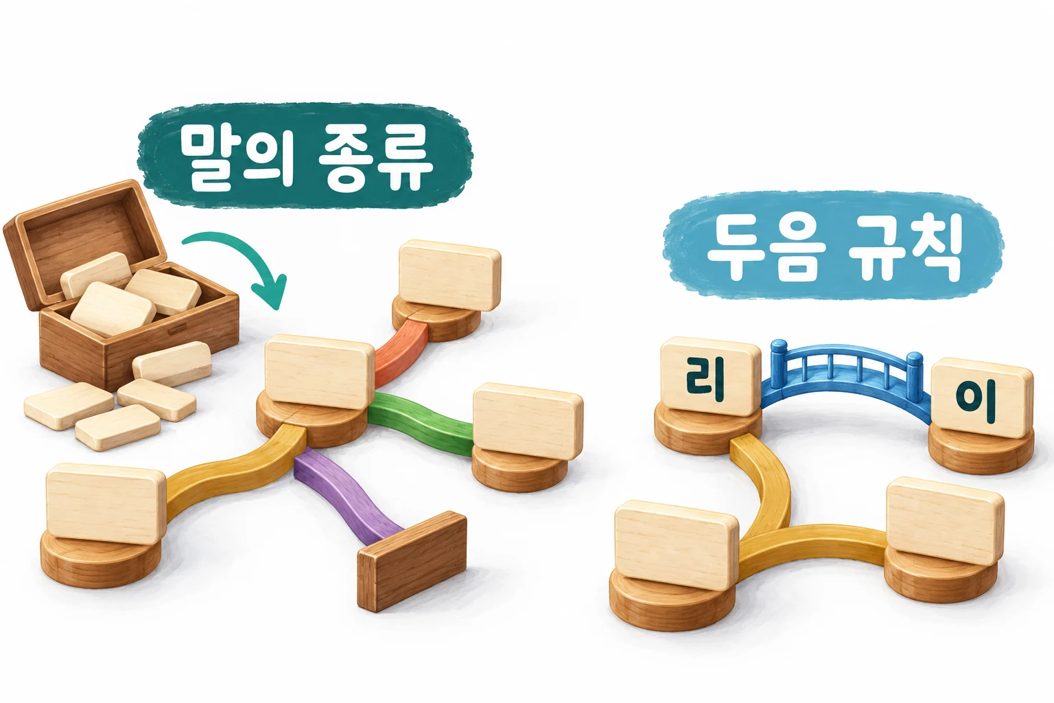 말의 종류를 늘릴 때는 새 연결과 막힌 길이 함께 생기고, 두음 규칙을 켤 때는 기존 길에 연결 다리가 더해지는 그림.