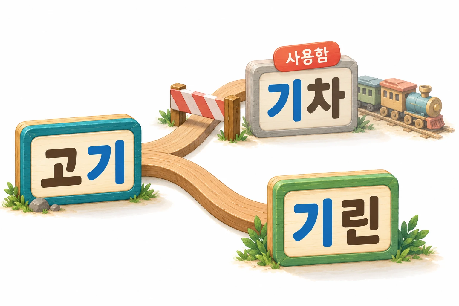 고기에서 이어지는 두 길 중 이미 쓴 기차로 가는 길은 막히고, 쓰지 않은 기린으로 가는 길은 열려 있는 모습.